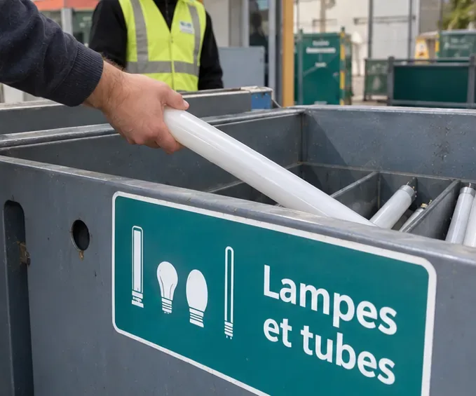 Une personne dépose doucement un tube fluorescent dans un conteneur de recyclage marqué Lampes et tubes