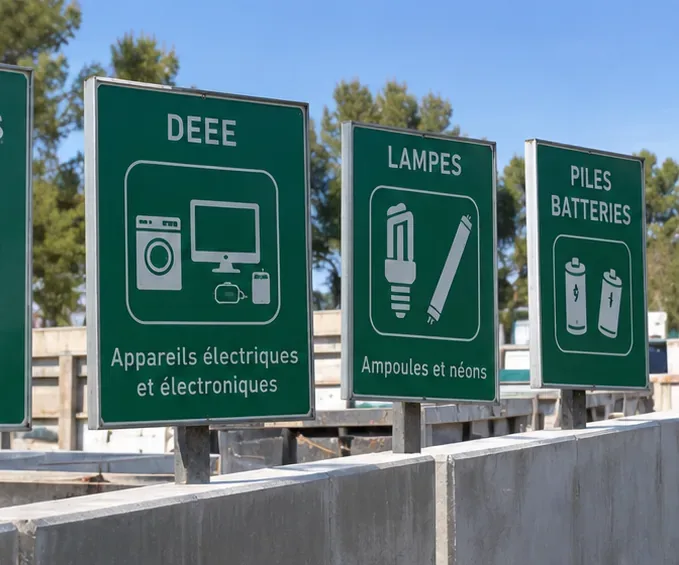 Des panneaux de tri en déchèterie distinguent les appareils électriques, les lampes et néons, ainsi que les piles et batteries