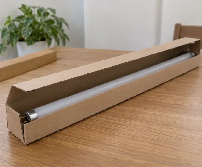 Un tube fluorescent intact posé dans une longue boîte en carton protectrice sur une table