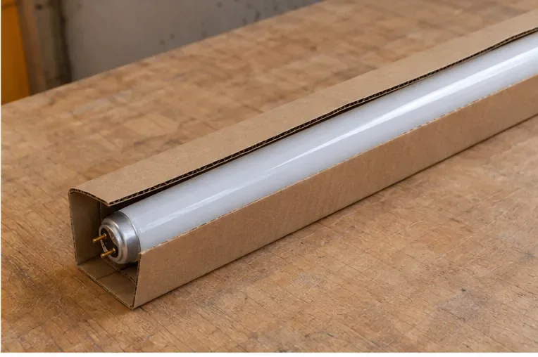 Un tube fluorescent entier est placé dans un long emballage en carton pour le transport.