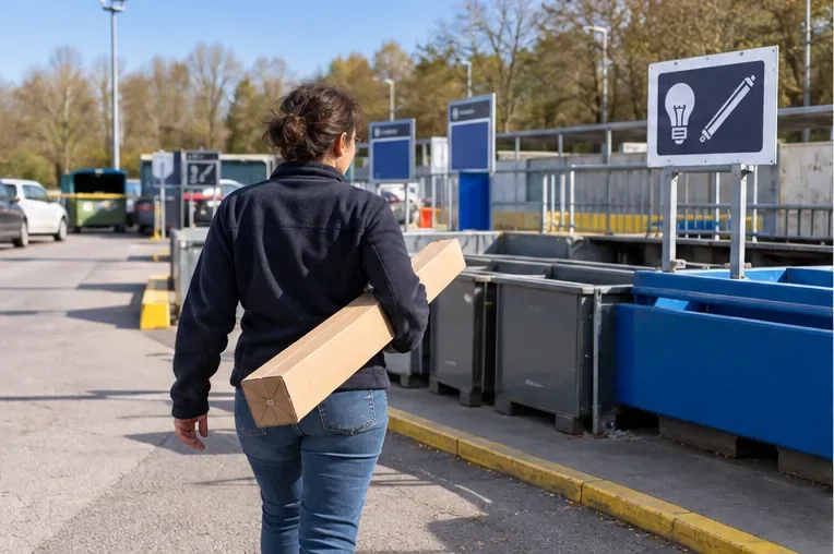 Une personne transporte un tube fluorescent protégé dans un carton vers une zone de collecte en déchèterie.