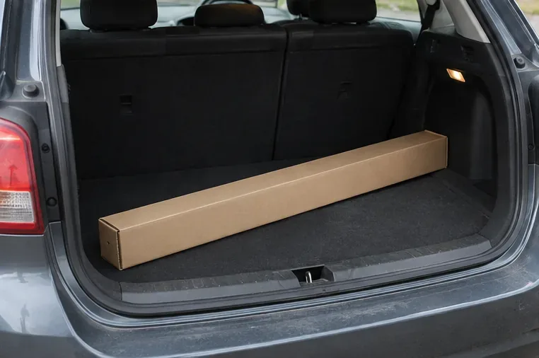 Boîte longue contenant un tube fluorescent placée à plat dans le coffre d'une voiture pour le trajet vers une déchèterie