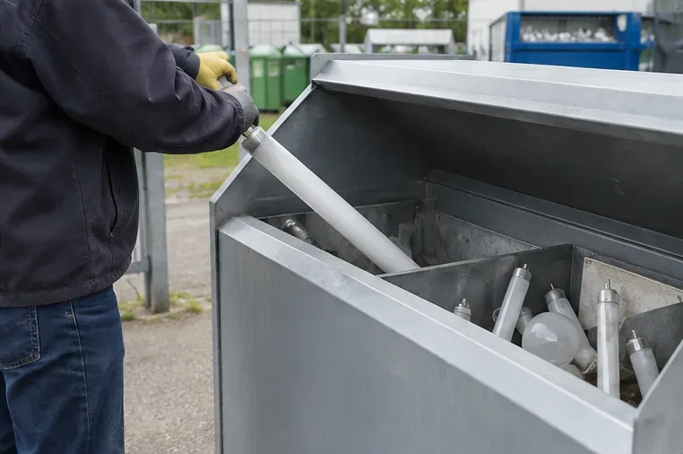 Personne déposant avec précaution un tube fluorescent dans un conteneur métallique réservé aux lampes dans une zone de recyclage