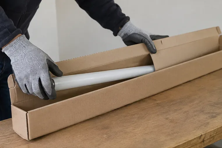 Personne portant des gants et plaçant délicatement un tube fluorescent dans une boîte en carton longue