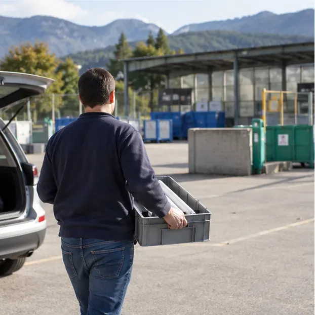 Un particulier transporte une caisse contenant des tubes fluorescents depuis sa voiture vers la zone de tri d’une déchèterie.