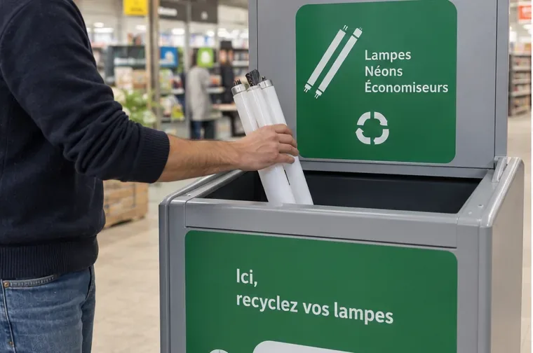 Personne déposant plusieurs tubes fluorescents dans une borne de collecte dédiée aux lampes et néons