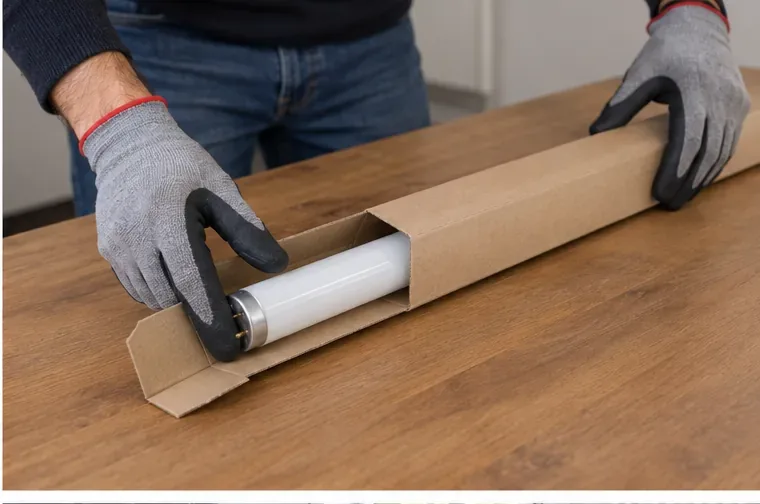 Tube fluorescent usagé rangé avec précaution dans un étui en carton long