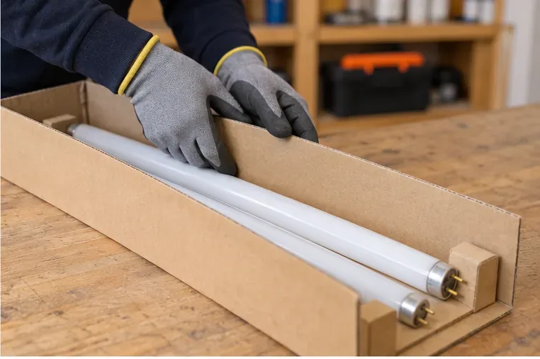 Deux tubes fluorescents sont rangés dans une longue boîte en carton pour éviter les chocs pendant le transport.