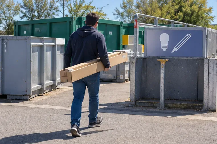 Une personne transporte une boîte longue contenant des tubes vers une zone de collecte dédiée aux lampes dans une déchèterie.