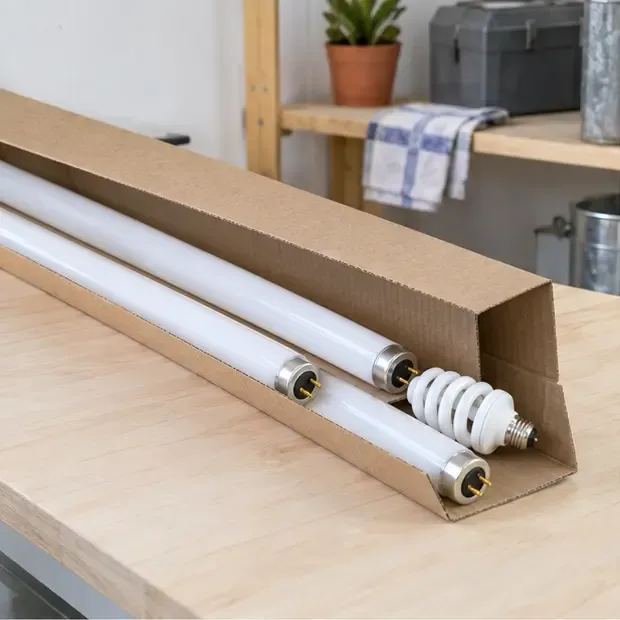 Des tubes fluorescents intacts sont placés dans une longue protection en carton sur une table
