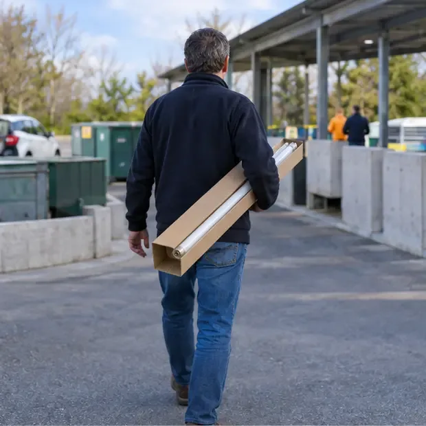 Un particulier transporte un long tube fluorescent dans un carton vers une déchèterie municipale