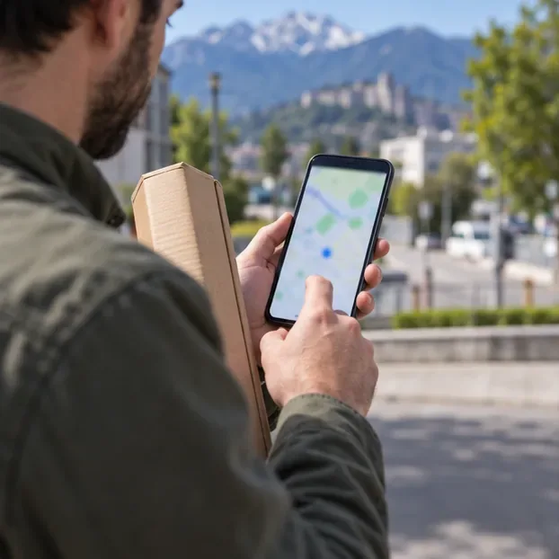 Une personne consulte une carte sur son téléphone avec un tube fluorescent protégé dans un emballage en carton