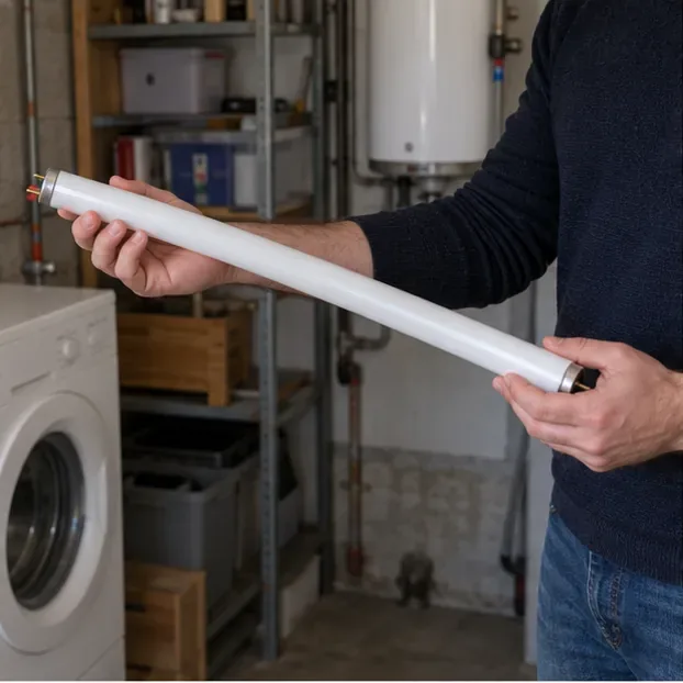 Une personne tient un tube fluorescent droit par ses deux extrémités dans une pièce de rangement