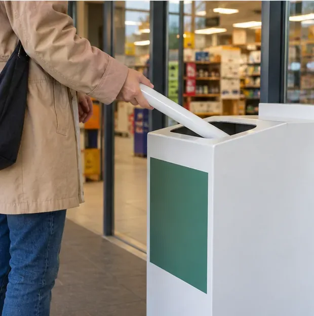 Une personne insère un tube fluorescent usagé dans un bac de collecte situé à l'entrée d'un magasin.