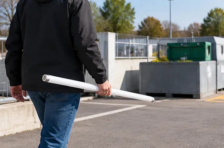 Une personne arrive dans une déchèterie avec deux tubes lumineux intacts tenus à l'horizontale, à proximité de conteneurs de collecte