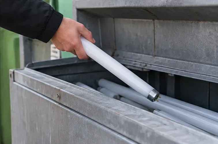 Une main dépose doucement un tube fluorescent intact dans un grand contenant métallique où plusieurs tubes sont déjà rangés