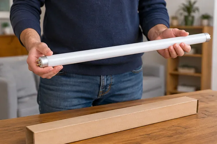 Une personne tient avec précaution un tube fluorescent intact au-dessus d'un carton long, avant son transport vers un point de collecte