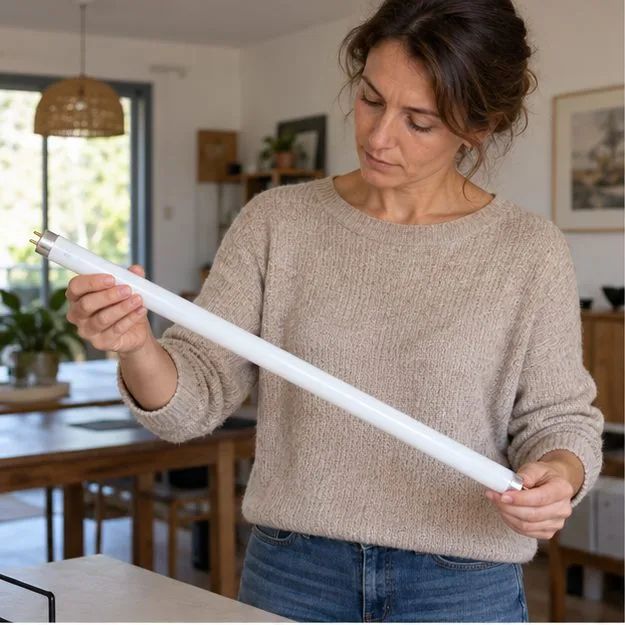 Un tube fluorescent intact est saisi délicatement à deux mains avant son emballage.