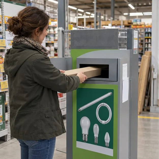Une personne apporte un tube protégé à un bac de collecte pour lampes en magasin.