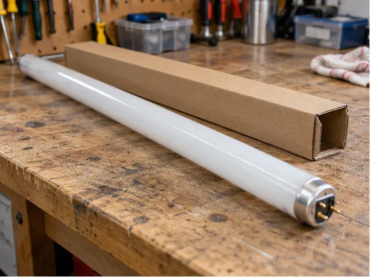 Un tube fluorescent intact posé à côté de son étui en carton sur un établi