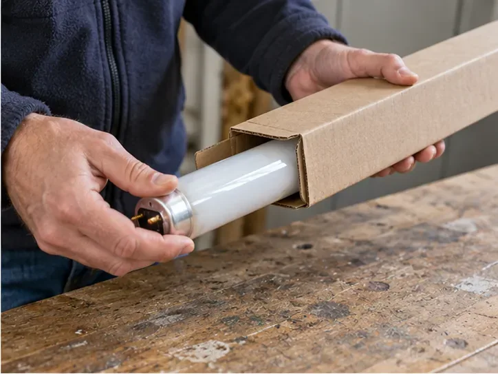Des mains glissent avec précaution un tube fluorescent dans un étui en carton