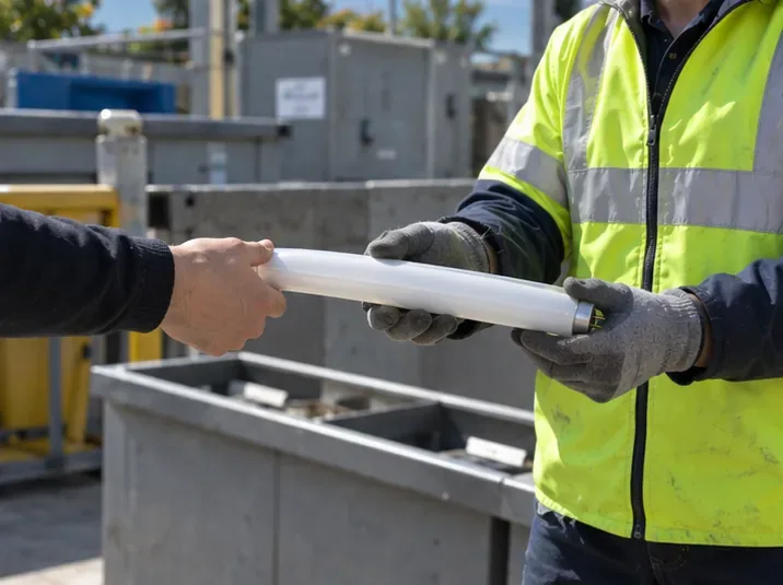 Un usager remet un tube fluorescent intact à un agent équipé de gants dans une zone de collecte