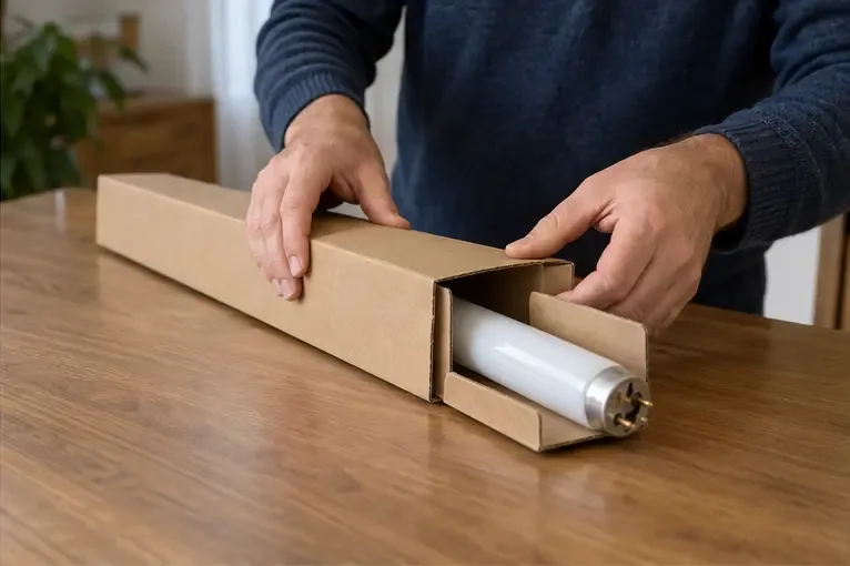 Un tube fluorescent intact est placé dans un étui en carton rigide avant le transport