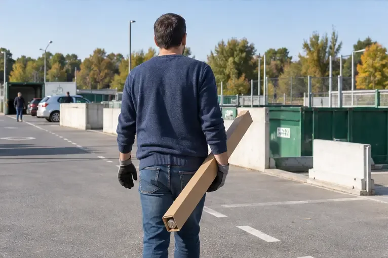 Une personne transporte un tube fluorescent protégé dans un carton sur le parking d’une déchèterie
