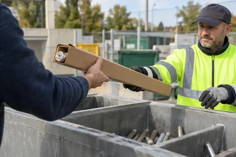 Un agent en gilet fluorescent reçoit un tube protégé au-dessus d’un contenant de collecte