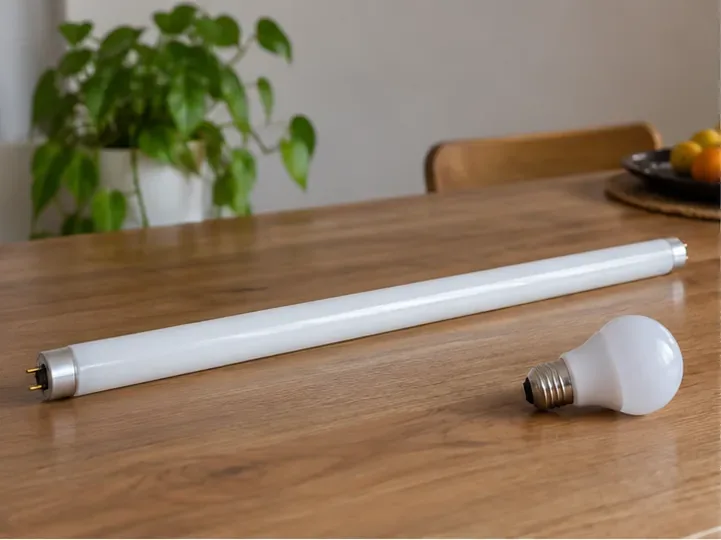 Un tube fluorescent blanc et une ampoule LED posés côte à côte sur une table en bois pour comparer les deux formats d’éclairage.