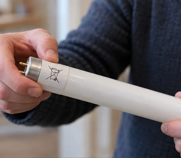 Une main tient un tube fluorescent intact près du pictogramme de poubelle barrée imprimé sur son extrémité