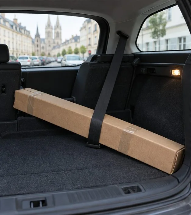 Un tube fluorescent protégé dans une boîte en carton est calé dans le coffre d’une voiture pour éviter qu’il roule