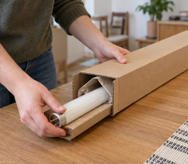 Un tube fluorescent intact est glissé dans un étui en carton rigide avec du papier de protection autour de ses extrémités