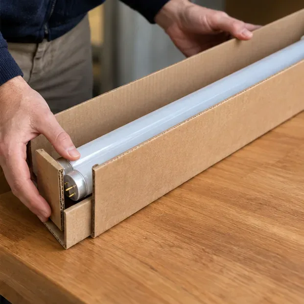 Un tube fluorescent intact est placé dans un long emballage en carton avec des cales autour de son extrémité métallique.