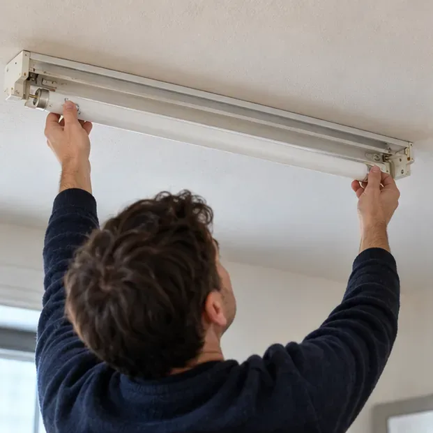 Une personne retire avec précaution un tube fluorescent long de son luminaire au plafond, en le tenant à deux mains.