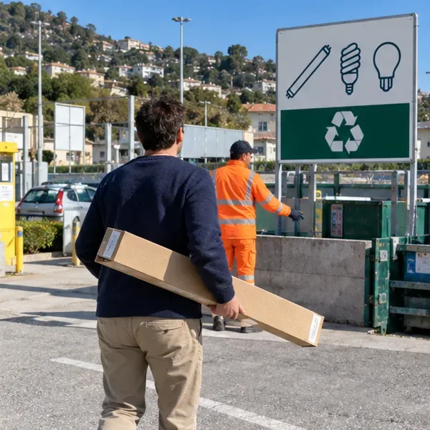 Un usager arrive dans une déchetterie avec un tube protégé dans une longue boîte en carton tandis qu’un agent en tenue haute visibilité indique la zone de tri.