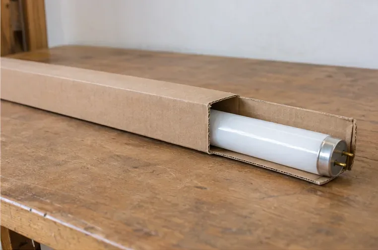 Un tube fluorescent intact glissé dans un étui en carton long sur une table en bois.