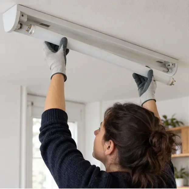 Une personne gantée retire doucement un tube fluorescent d'un luminaire fixé au plafond