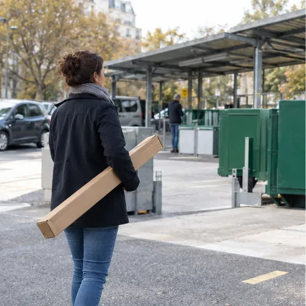 Une personne transporte un tube fluorescent protégé par un étui en carton vers un espace de collecte extérieur