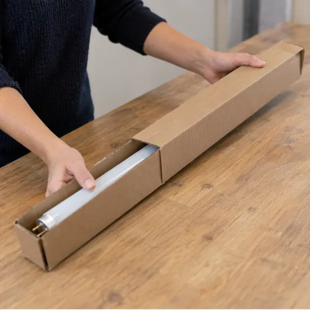 Un tube fluorescent intact est glissé dans un étui long en carton posé sur une table en bois