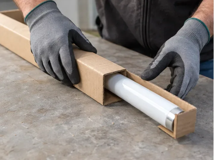 Des mains gantées glissent un tube fluorescent intact dans une protection rigide en carton