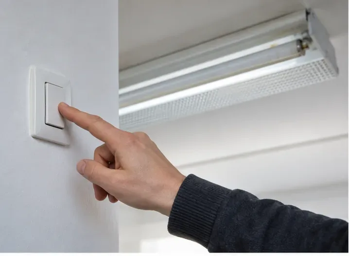 Un doigt éteint l’interrupteur avant de manipuler un luminaire fluorescent fixé au plafond