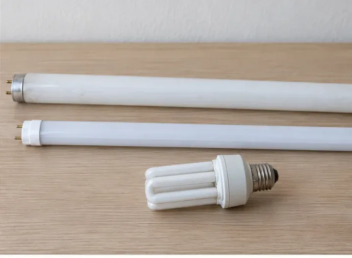 Un tube fluorescent, un tube LED et une ampoule fluocompacte posés séparément sur une table en bois