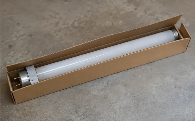 Un tube fluorescent intact est posé dans une boîte en carton longue avant son transport.