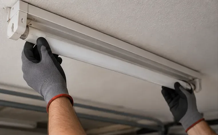 Des mains gantées retirent avec précaution un tube fluorescent de son luminaire.