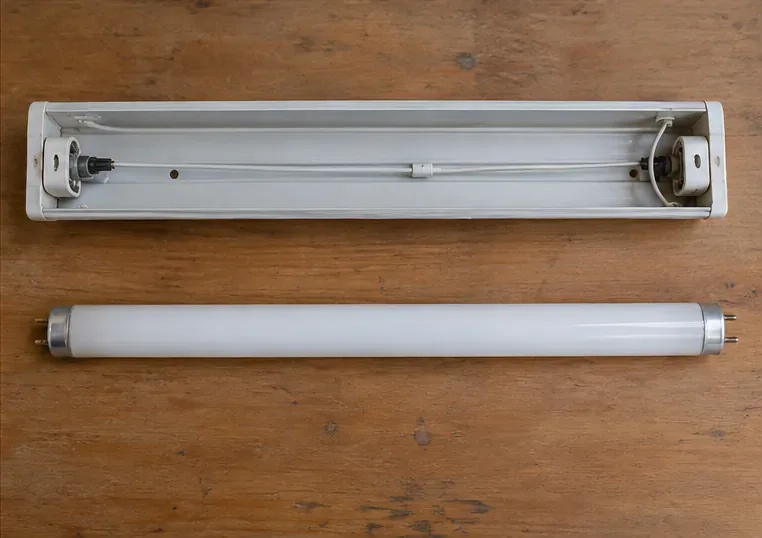 Un tube fluorescent est posé séparément à côté de son luminaire vide sur une table.