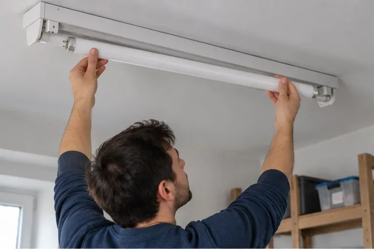 Un particulier retire avec précaution un tube fluorescent intact de son luminaire au plafond.