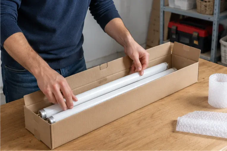 Deux tubes fluorescents sont placés à plat dans une longue boîte en carton avant leur transport.
