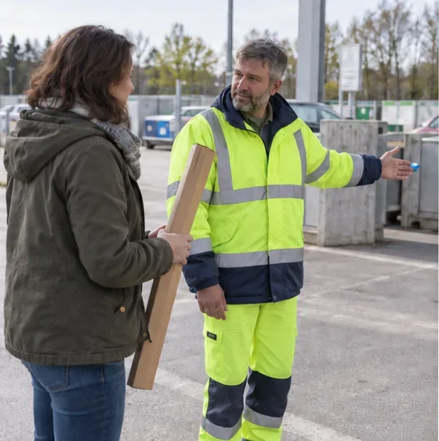 Une habitante montre un tube fluorescent protégé à un agent d’un centre de recyclage qui l’oriente vers la collecte adaptée