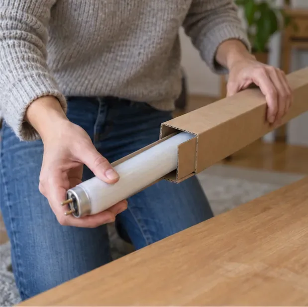 Des mains glissent un tube fluorescent intact dans un fourreau de carton rigide pour le transporter